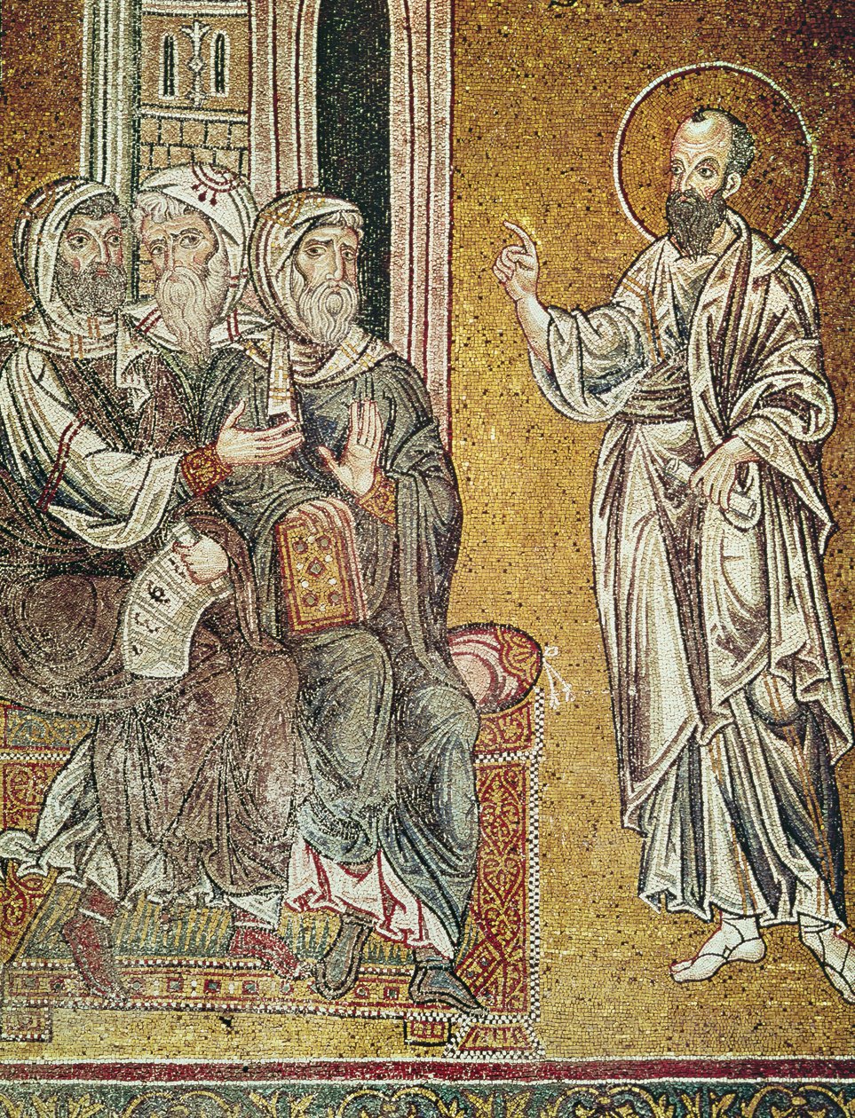 St. Paul prædiker for jøderne i synagogen i Damaskus, fra scener fra St. Pauls liv (mosaik) af Byzantine School
