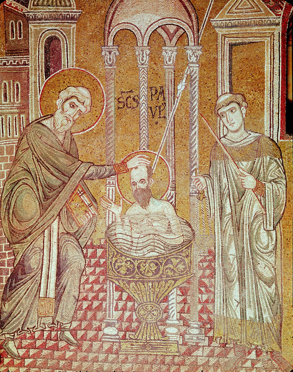 St. Pauls Dåb af Ananias, fra Scener fra St. Pauls liv (mosaik) af Byzantine School