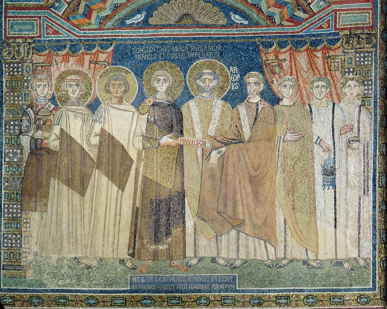 Kejser Konstantin IV giver skatteimmunitet til ærkebiskoppen af Ravenna (mosaik) af Byzantine School