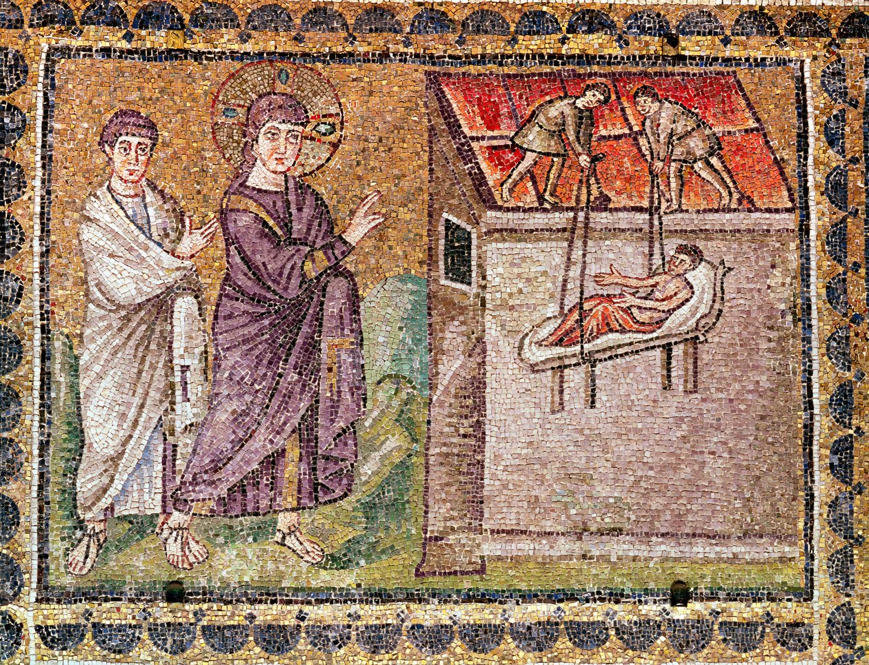 Den lamme fra Kaparnaum er sænket fra taget, scener fra Kristi liv (mosaik) af Byzantine School