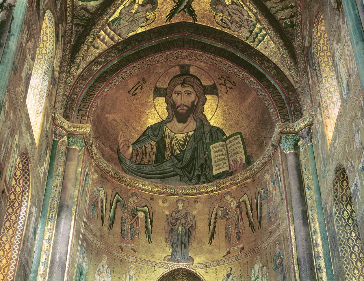 Udsigt over apsisen, der forestiller Kristuspantokratoren og jomfruen ved bøn omgivet af ærkeengle, 1148 (mosaik) (se også 97197) af Byzantine School