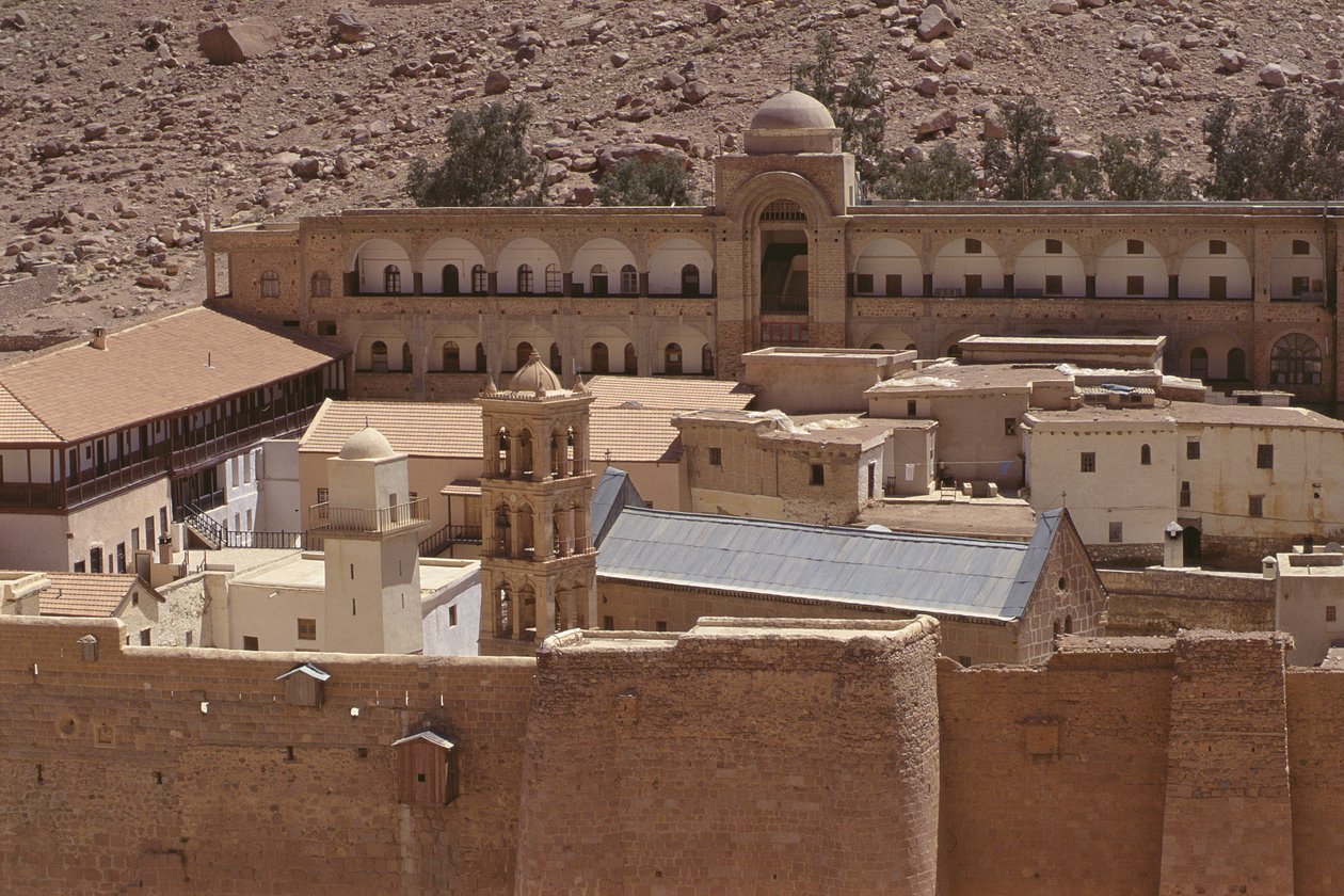 Udsigt over komplekset af det hellige kloster på Sinai-bjerget af Byzantine School