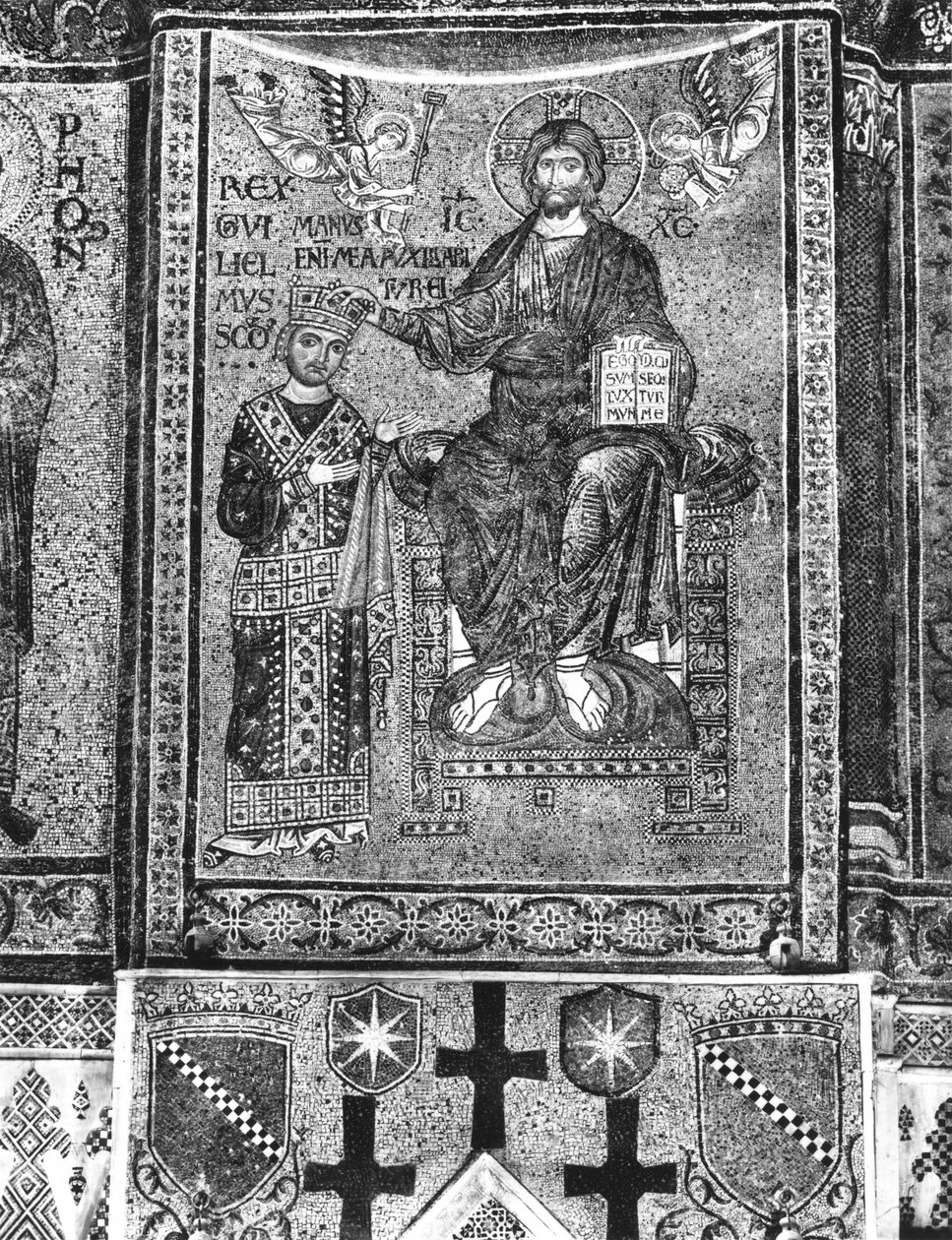 Vilhelm II (1154-89) Konge af Sicilien modtager en krone fra Kristus (mosaik) af Byzantine School