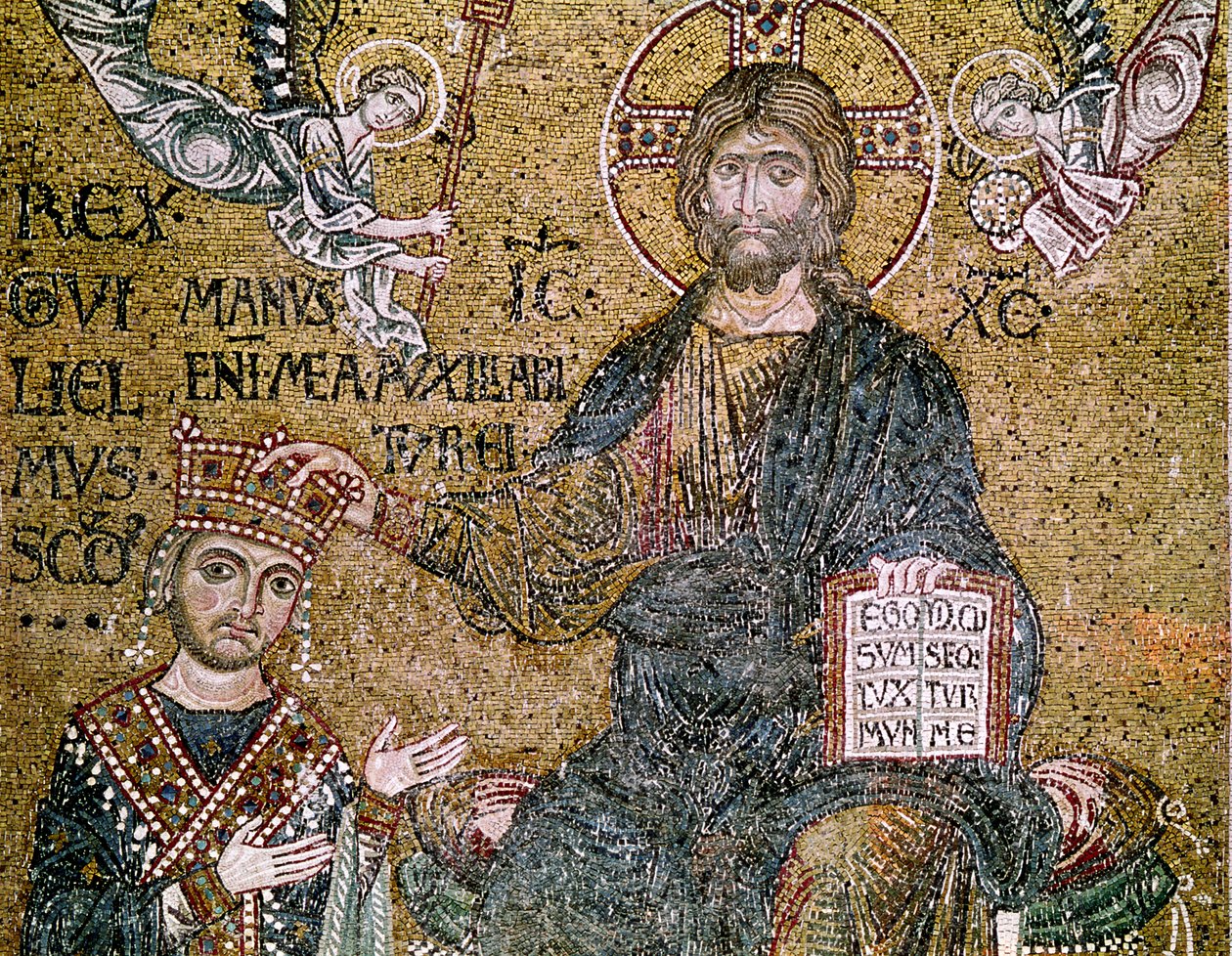 Vilhelm II (1154-89), konge af Sicilien, modtager en krone af Kristus (mosaik) af Byzantine School