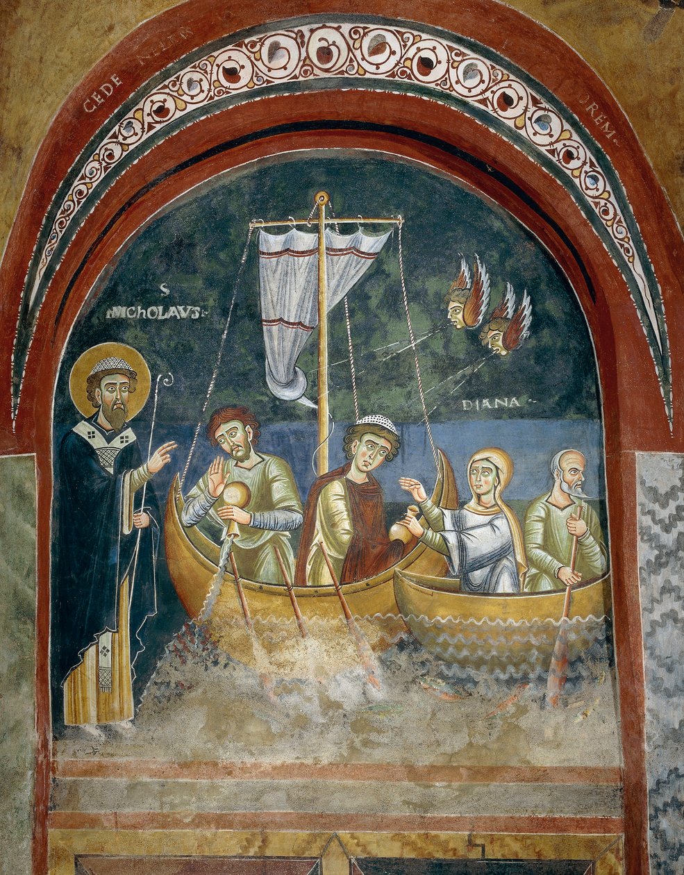 Sankt Nicholas tilsynekomst for skibbrudne rejsende, Detalje fra historierne om Sankt Nikolas liv, romanske fresker i byzantinsk stil, slutningen af det 11. århundrede, Kapel Sankt Eldrad og Sankt Nikolas, Novalesa Abbey, Piemonte, Italien af Byzantine