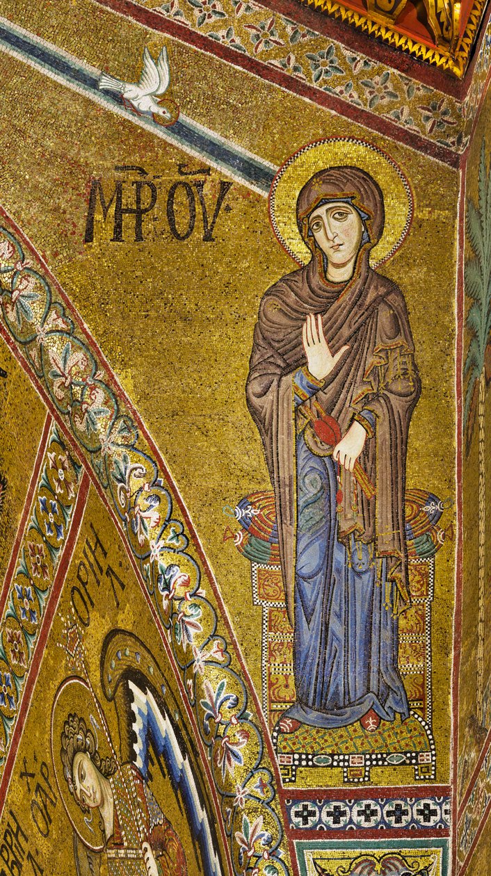 Apsis: Bekendt jomfru, byzantinsk mosaik med gylden baggrund i apsis tympanon (mosaik) af Byzantine