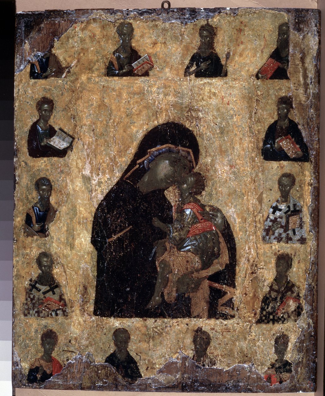 Byzantinsk kunst: ""Virgin of Tenderness with Saints"" eller ""Virgin of Eleousa"" (Virgin of Tenderness with the Saints (The Virgin Eleusa) ikon fra det 14. århundrede Eremitagemuseet, Sankt Petersborg (Saint-Petersburg) af Byzantine