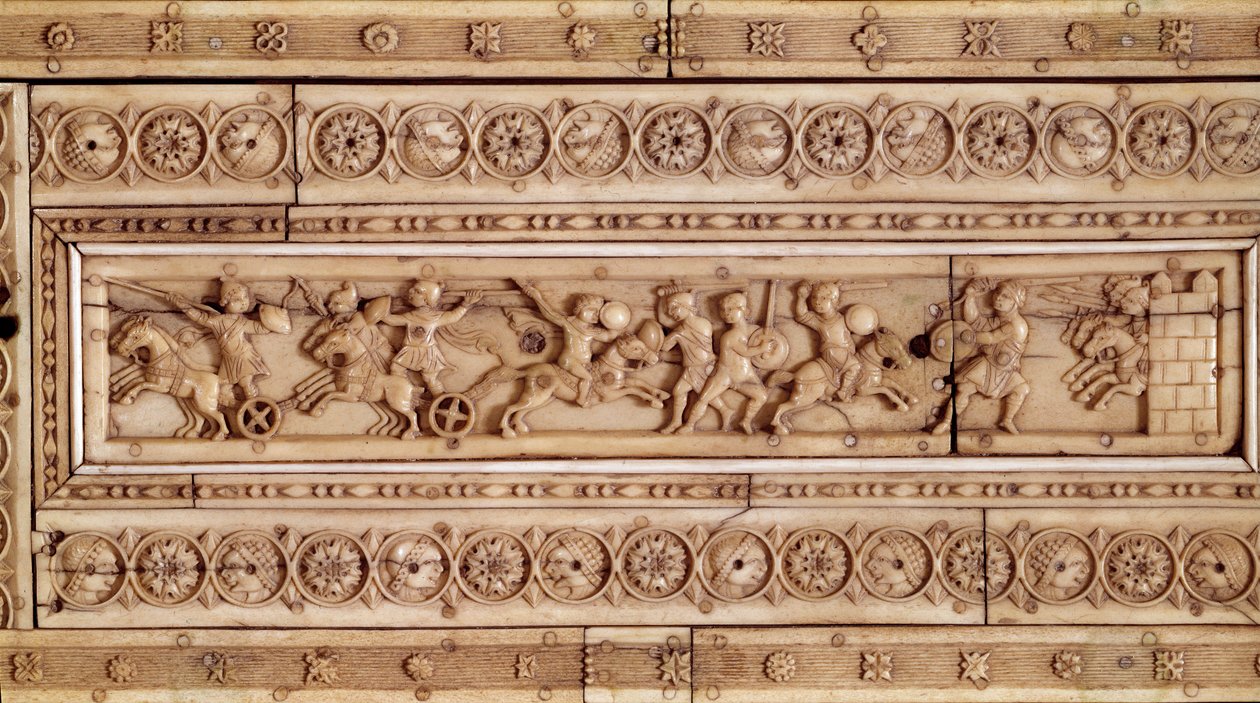 Art of the Byzantine Empire: Combat Scene. Elfenbens reliefstrømper. Øverste del af en æske (10. århundrede). Musee Cluny, Paris. af Byzantine