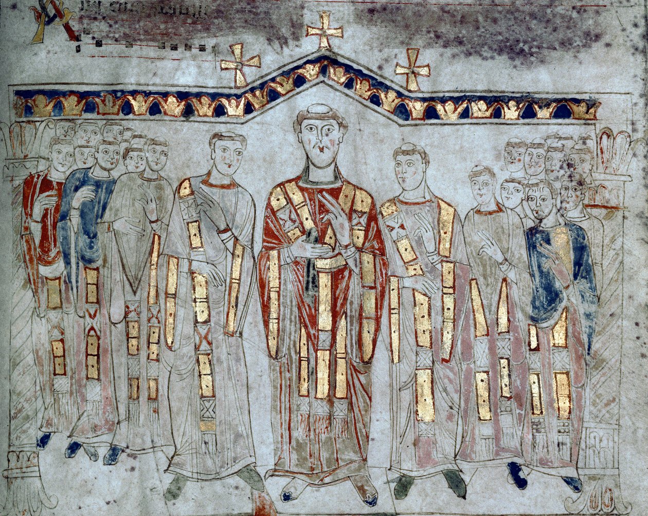 Byzantinsk kunst: "" Forsamling af kapitlet i Cathedrale of Gaete (Gaeta) sammensat af eveques og diakoner""" Miniature taget fra "Exultet"" fra begyndelsen af det 11. århundrede Museo Diocesano, GaETA af Byzantine