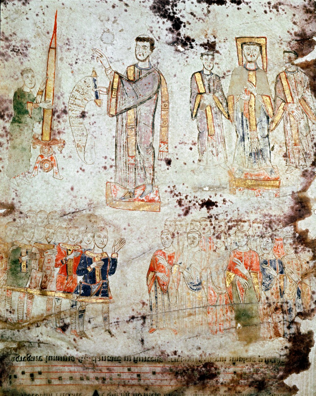 Byzantinsk kunst: "" Ceremoni for velsignelsen af påskelyset i nærværelse af eveque, medlemmerne af gejstligheden og herrerne (patricius) i byen Gaete (Gaeta) i Italien"" Miniature fra "Exultet" fra begyndelsen af det 11. århundrede Museo af Byzantine