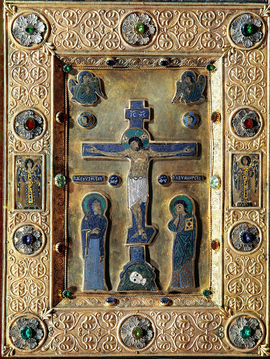Byzantinsk kunst: Evangelisk af guld og emalje dekoreret med guldblade afviser med filigrankrucifiks, der repræsenterer Jomfruen og Sankt Johannes. 12.-13. århundrede Venedigs tesoro af San Marco (tresor af Saint Mark) af Byzantine