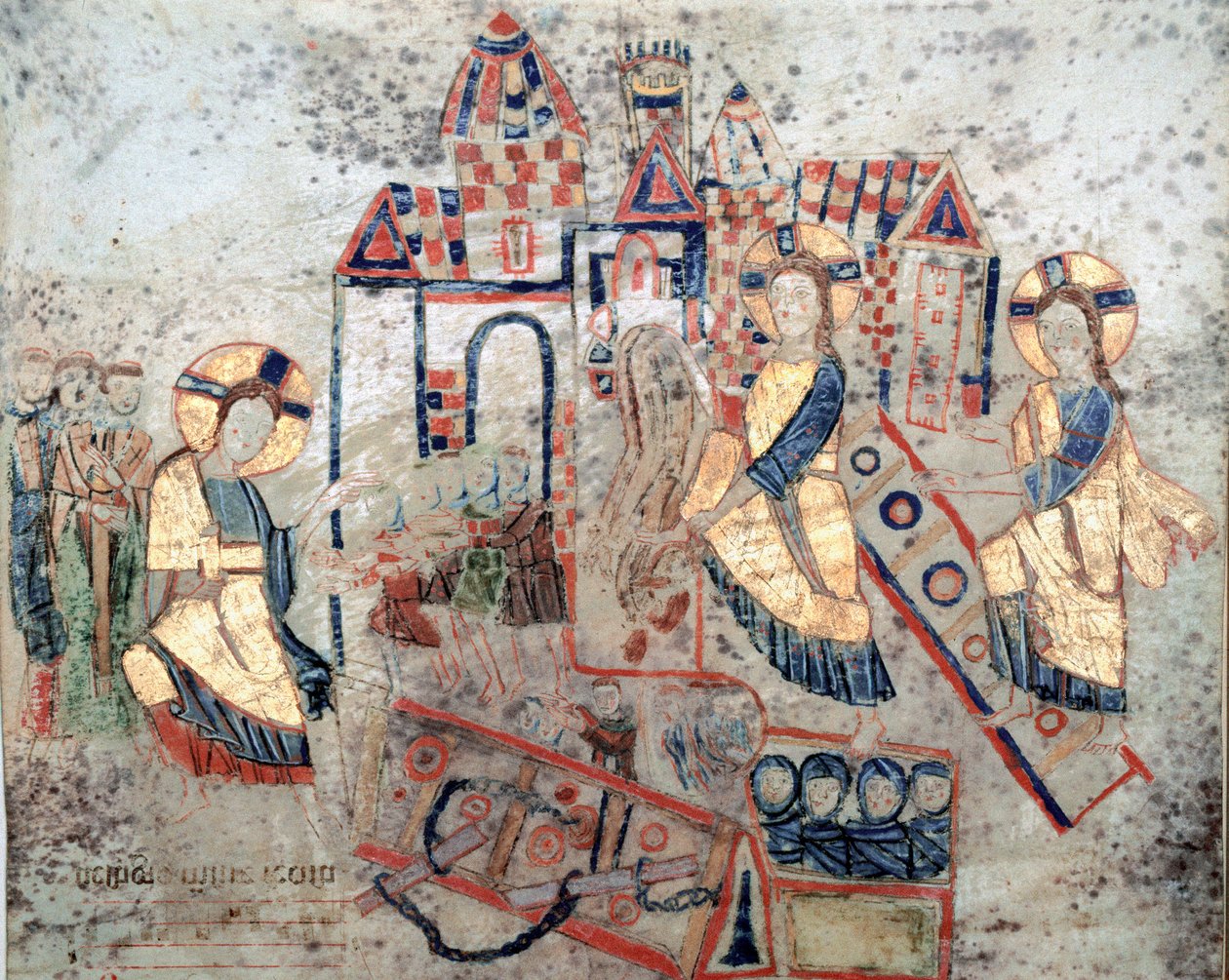 Byzantinsk kunst: "" Repræsentation af Frelseren Kristus, der hugger underverdenens porte ned, knuser Satan og befrier sjæle""" Miniature fra "Exultet"" fra begyndelsen af det 11. århundrede Museo Diocesano, Gaeta af Byzantine
