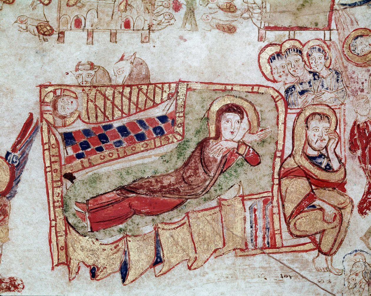 Byzantinsk kunst: "" Fødselen og bebudelsen til hyrderne"" Miniature taget fra "" Exultet"" fra begyndelsen af det 11. århundrede Museo Diocesano, Gaeta af Byzantine