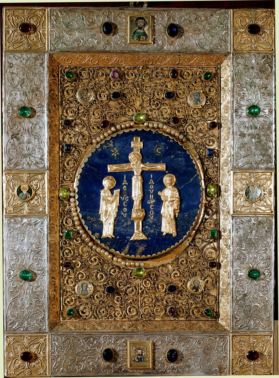 Byzantinsk kunst: omslag af en evangelisk dekoreret med guldblade afviser med filigrankrucifiks, der repræsenterer Jomfruen og Sankt Johannes. 13. århundrede. Venedig tesoro de San Marco (skatmester for Sankt Markus) af Byzantine