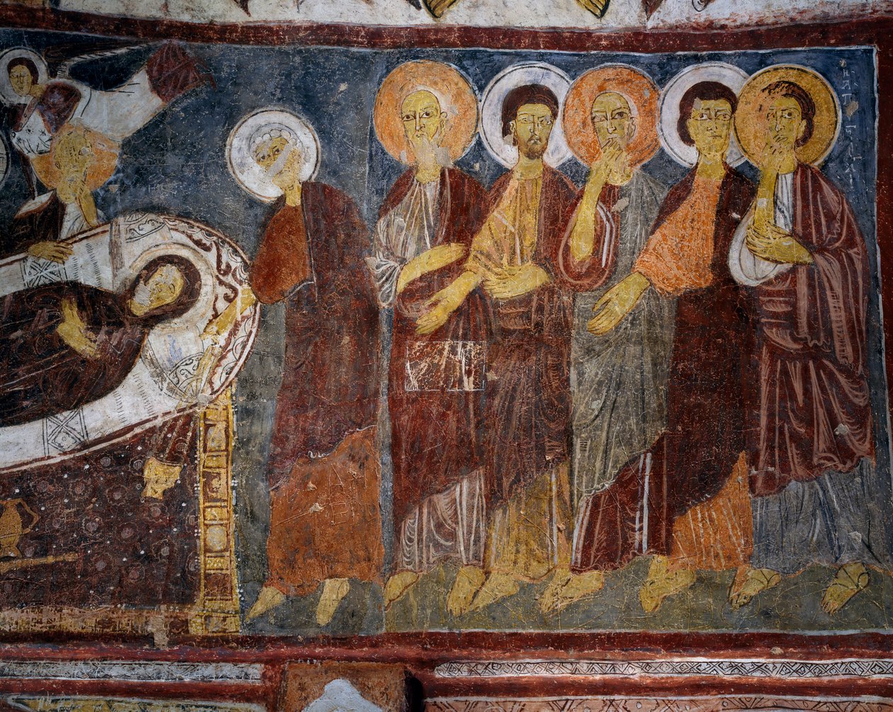 Jomfruens dvale blandt apostle, detalje, byzantinsk fresco (1200-tallet), Gulsehir Karsi Kilise (Sankt Johanneskirken), Goreme (Unescos verdensarvsliste af Byzantine