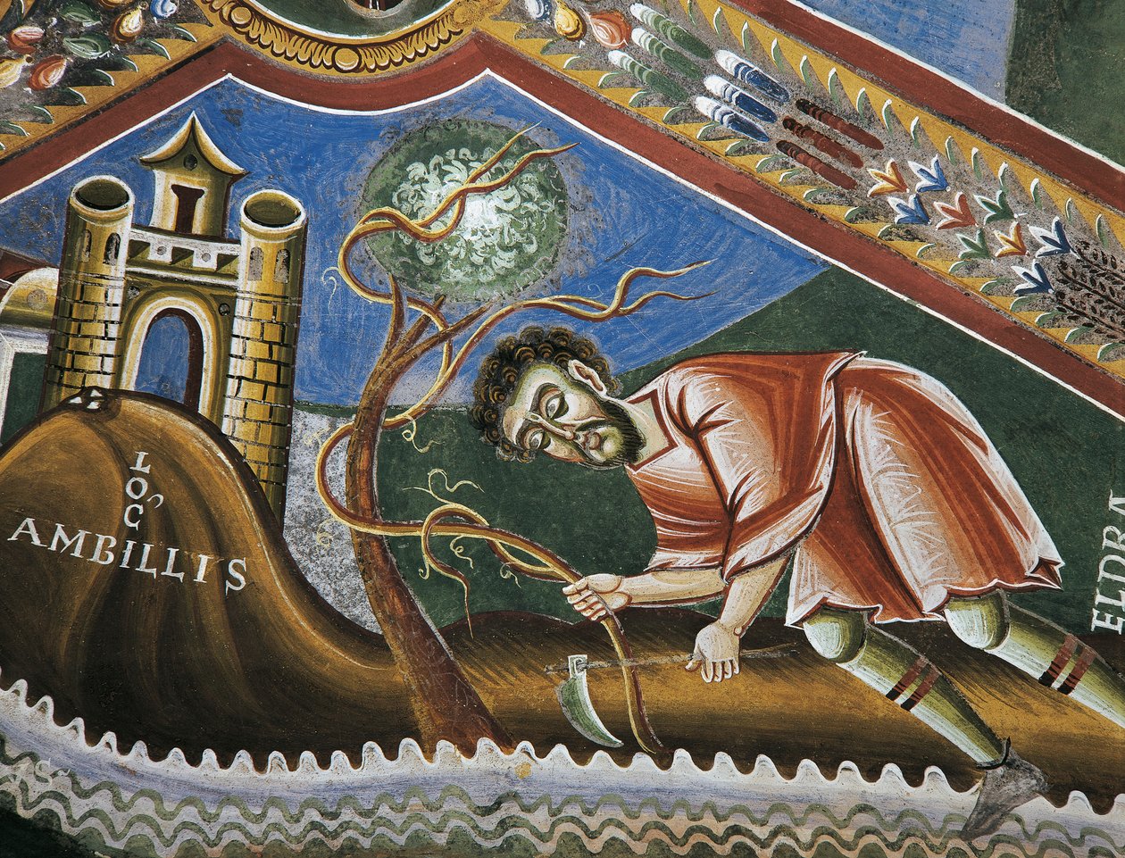 Eldrad-bearbejdningsjord i Ambilly, Provence, Detalje fra historier om Saint Eldrads liv, romanske fresker i byzantinsk stil, slutningen af det 11. århundrede, Kapel Saint Eldrad og Saint Nicholas, Novalesa Abbey, Piemonte, Italien. af Byzantine