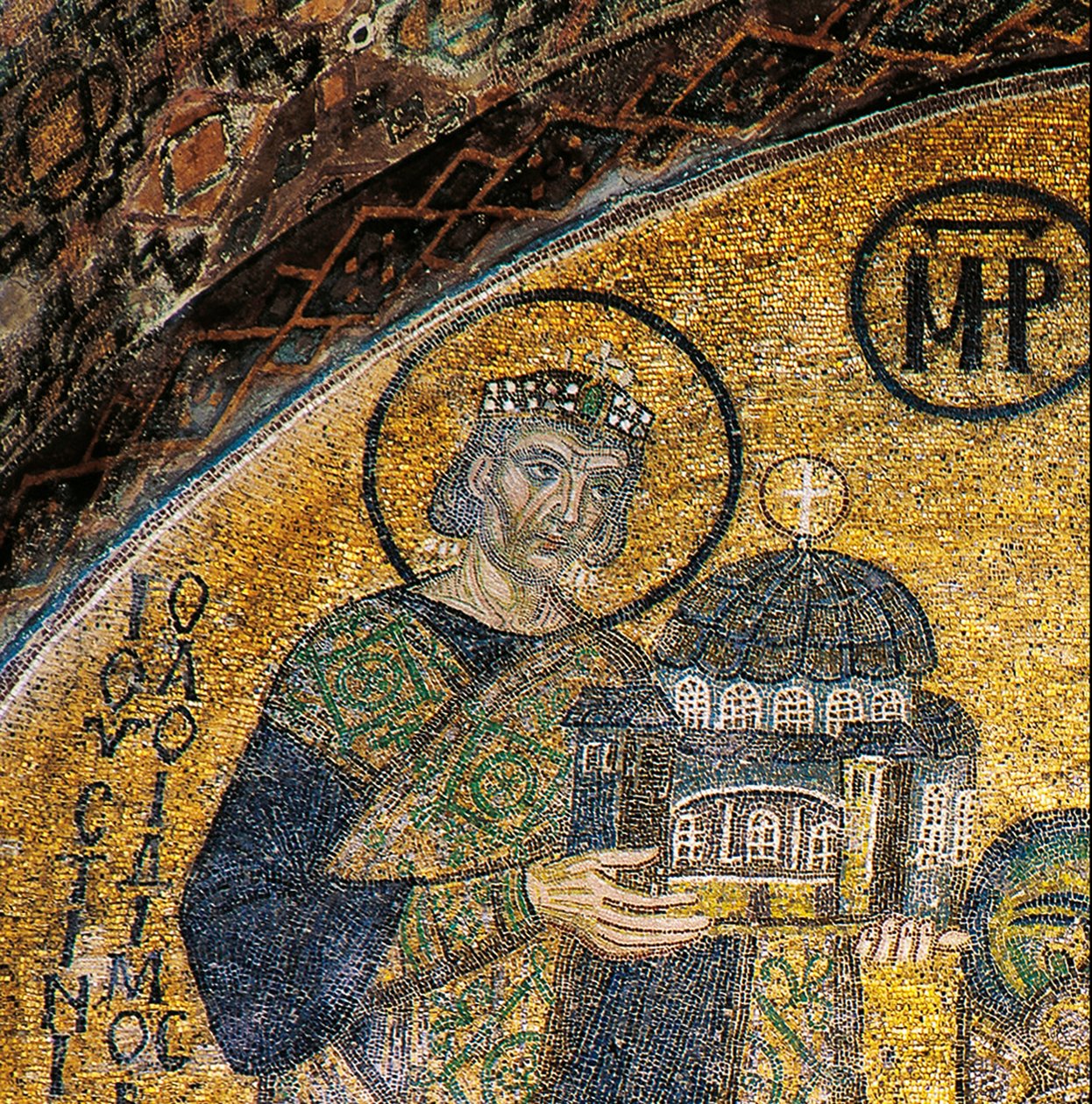 Kejser Justinian præsenterer Hagia Sophia for Jomfruen og Barnet (mosaik) af Byzantine