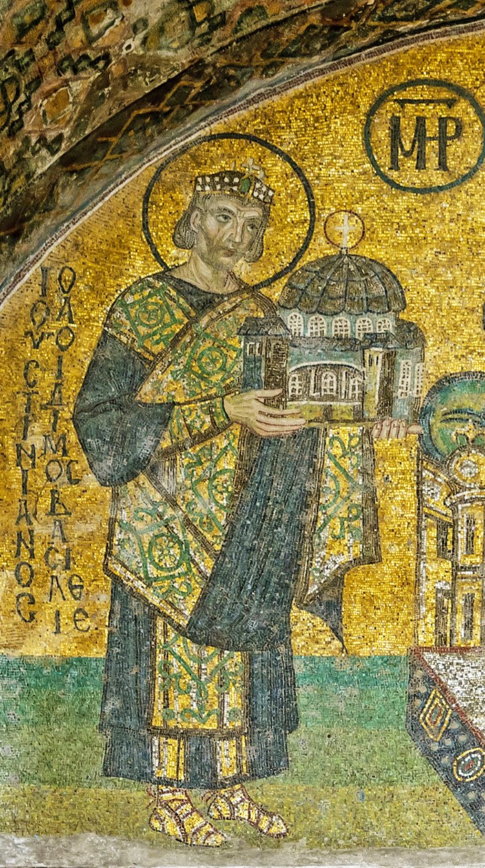 Kejser Justinian præsenterer Jomfruen og barnet for Hagia Sophia (mosaik) af Byzantine