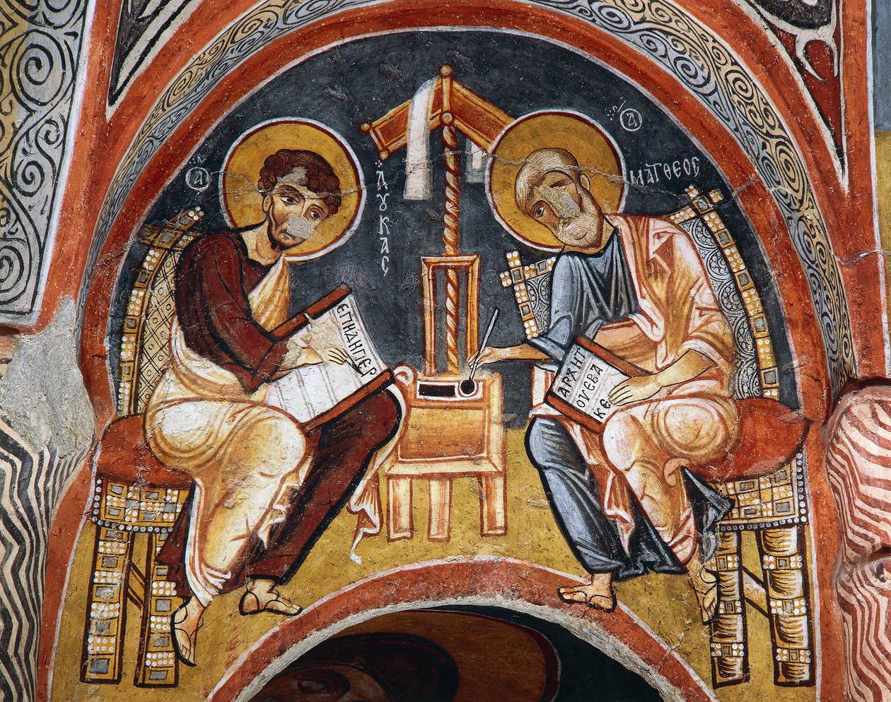 Evangelisterne Mark og Johannes skriver evangelier, Karanlik Kilise (Dark Church) (12.-13. århundrede), Goreme (Unescos verdensarvsliste) af Byzantine