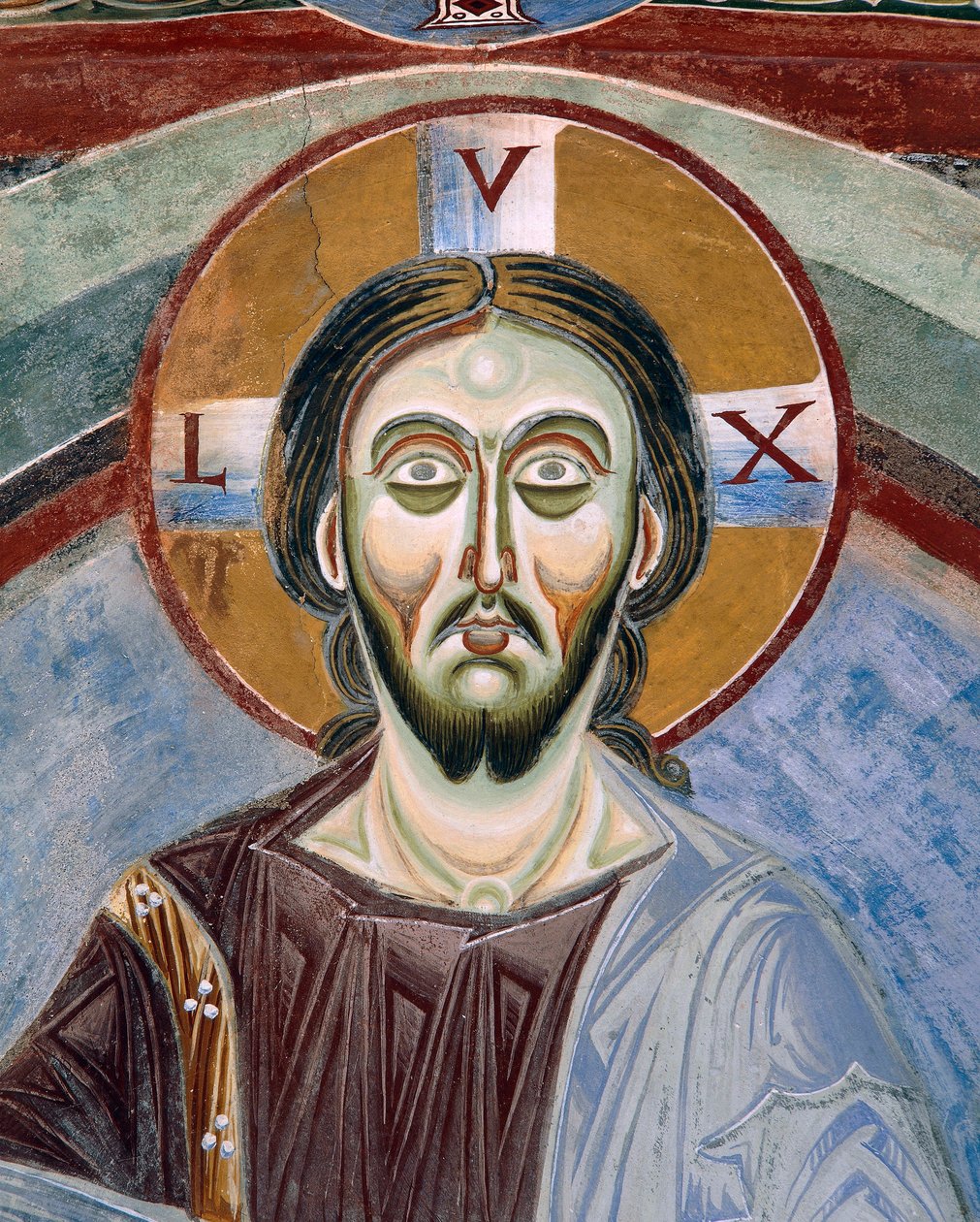Ansigt af Kristus Pantocrator, Detalje af romanske fresker i byzantinsk stil, slutningen af det 11. århundrede, Kapel Saint Eldrad og Saint Nicholas, Novalesa Abbey, Piemonte, Italien af Byzantine