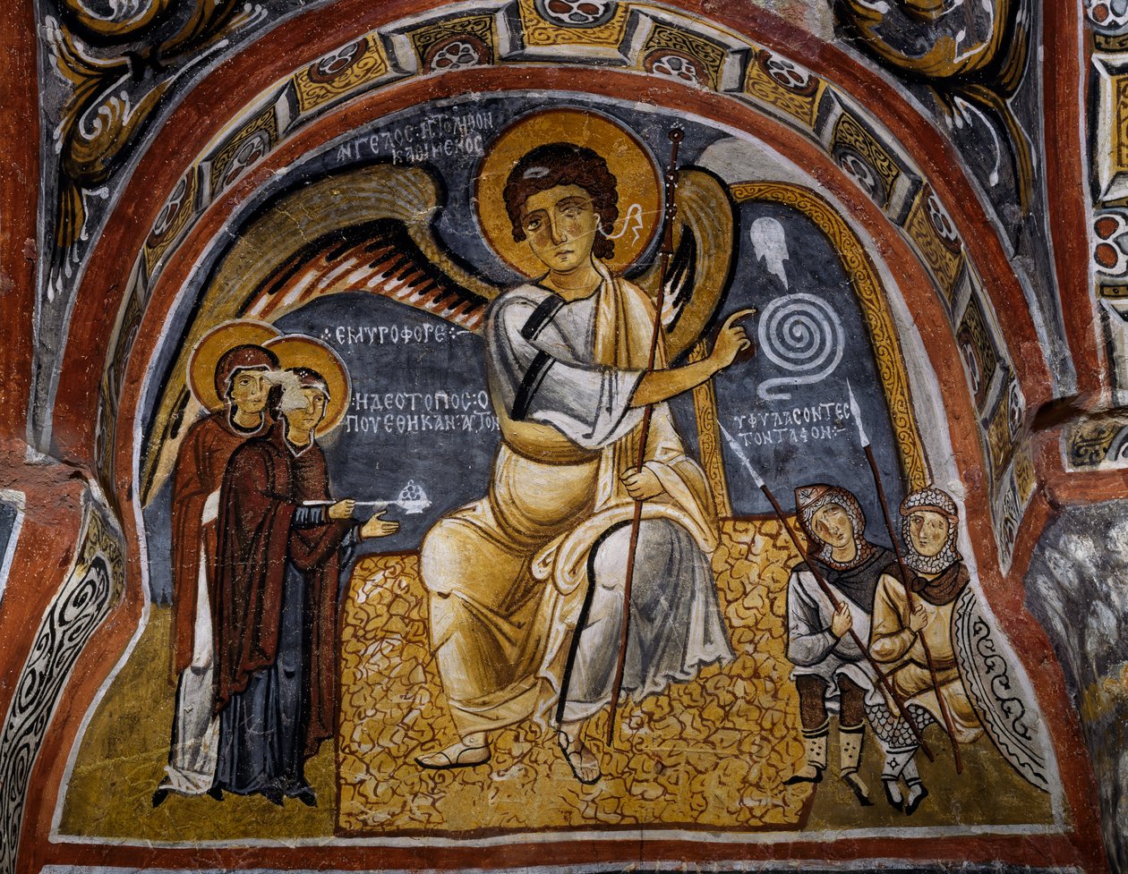 Hellige kvinder ved graven og englens fremkomst, byzantinsk fresco (1100-tallet), Karanlik Kilise (Dark Church) (12.-13. århundrede), Goreme (Unescos verdensarvsliste) af Byzantine