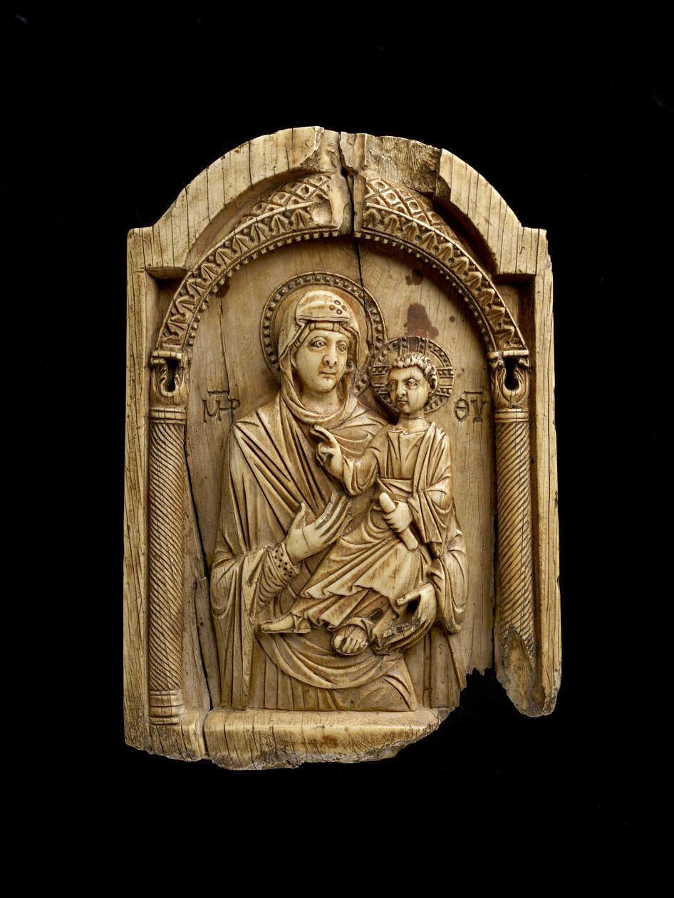 Ikon af Jomfru Hodegetria, der gestikulerer til Kristusbarnet, der sidder på sin venstre arm, holder en rulle i venstre hånd og velsigner med sin højre af Byzantine
