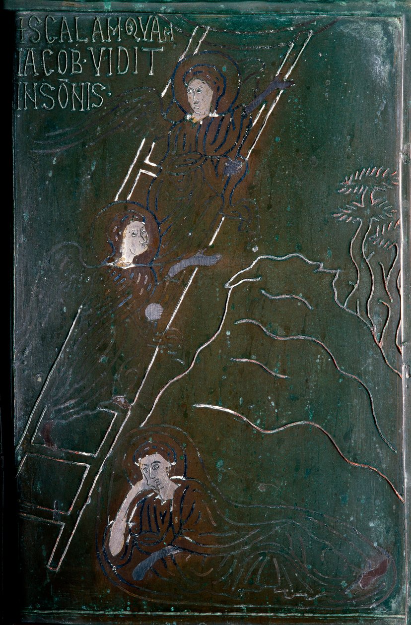 Jakob ser i drøm englene stige op og ned af bronzedørfliseskalaen lavet i Konstantinopel i 1076. Monte Sant 