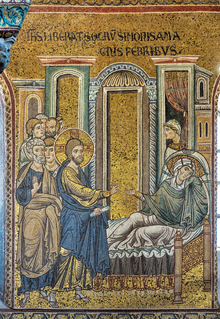 Jesus helbreder Simons svigermor fra feber, byzantinsk mosaik, episoder fra Kristi liv, XII-XIII århundreder (mosaik) af Byzantine