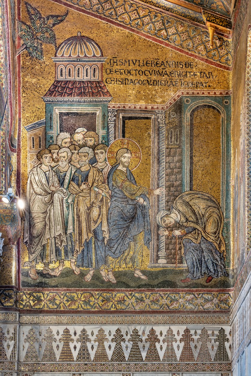 Jesus helbreder den pukkelryggede kvinde fra hendes pukkel, byzantinsk mosaik, episoder fra Kristi liv, XII-XIII århundreder (mosaik) af Byzantine