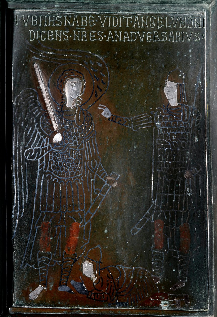Josue møder en bronze dørfliseengel lavet i Konstantinopel i 1076. Monte Sant 