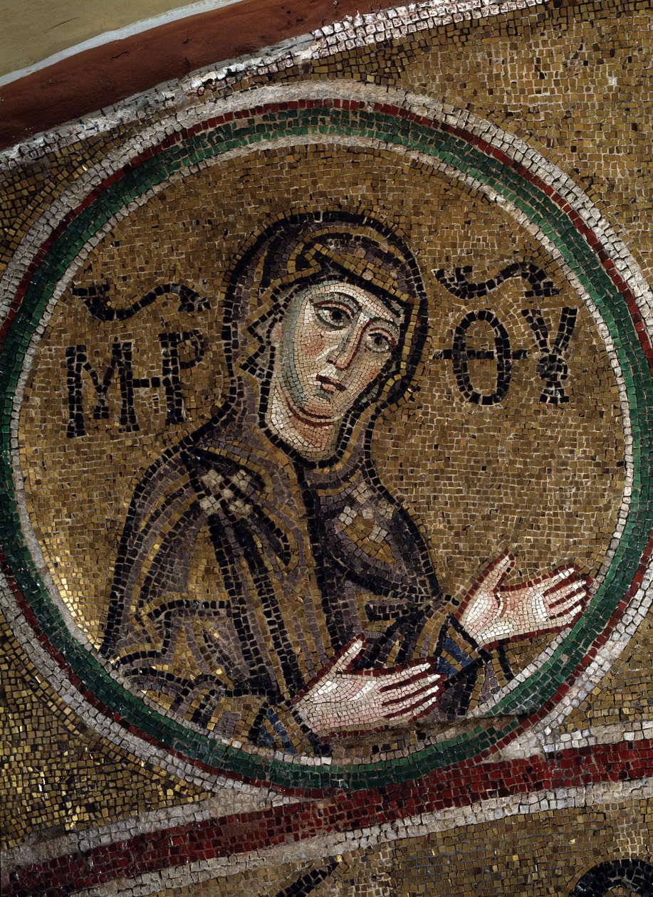Jomfru Oranta (ortodoks kristen afbildning af Jomfru Maria, der beder med udstrakte arme) (Jomfru Orans). Mosaik af en byzantinsk mester, omkring 1037-1050, gammel russisk kunst. Hvælving af Sankt Sophia-katedralens kor i Kiev (Ukraine). af Byzantine