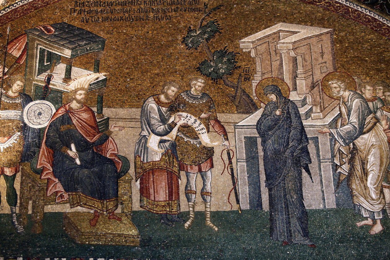 Maria og Josef før Cyremius meldte sig til beskatningen, med en vagt, en skriver og en officer, ca. 14. århundrede (mosaik) af Byzantine