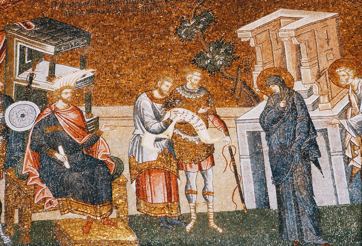 Maria og Josef før Cyremius meldte sig til beskatningen, med en vagt, en skriver og en officer, ca. 14. århundrede (mosaik) (detaljer fra 119636) af Byzantine