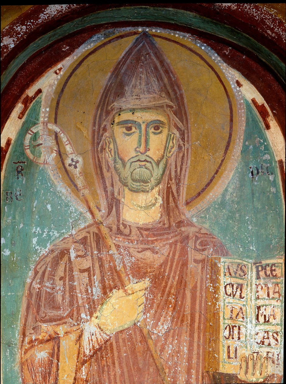 Repræsentation af Sankt Benedikt af Nursie (6. århundrede) Detalje af en fresko af den byzantinske skole. Begyndelsen af det 13. århundrede. Klosteret Saint Benoit (Sacro Speco), Kapel Saint Gregoire a Subiaco (Rom), Italien af Byzantine