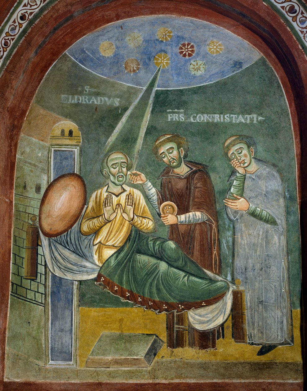 Sankt Eldrad døende modtager eukaristien, detaljer fra historierne om Sankt Eldrad, romansk freskomaleri, byzantinsk stil, slutningen af det 11. århundrede, Kapel Sankt Eldrad og Sankt Nikolaus, Novalesa Abbey, Piemonte, Italien. af Byzantine