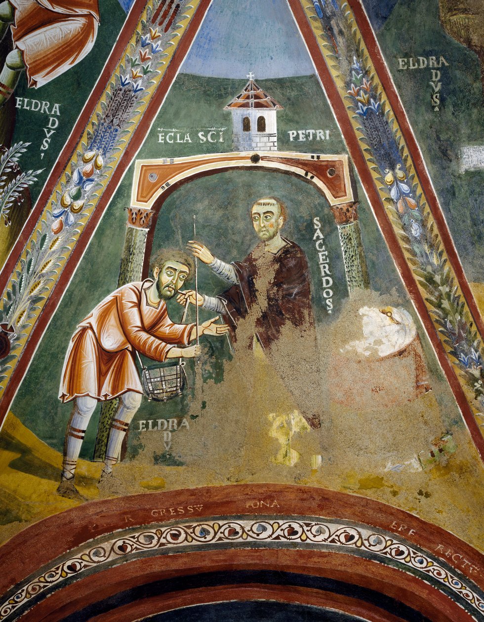 Saint Eldrad tager afsted til Santiago de Compostela, Detalje fra historier om Saint Eldrad, romansk fresco, byzantinsk stil, slutningen af det 11. århundrede, Kapel Saint Eldrad og Saint Nicholas, Novalesa Abbey, Piemonte, Italien af Byzantine
