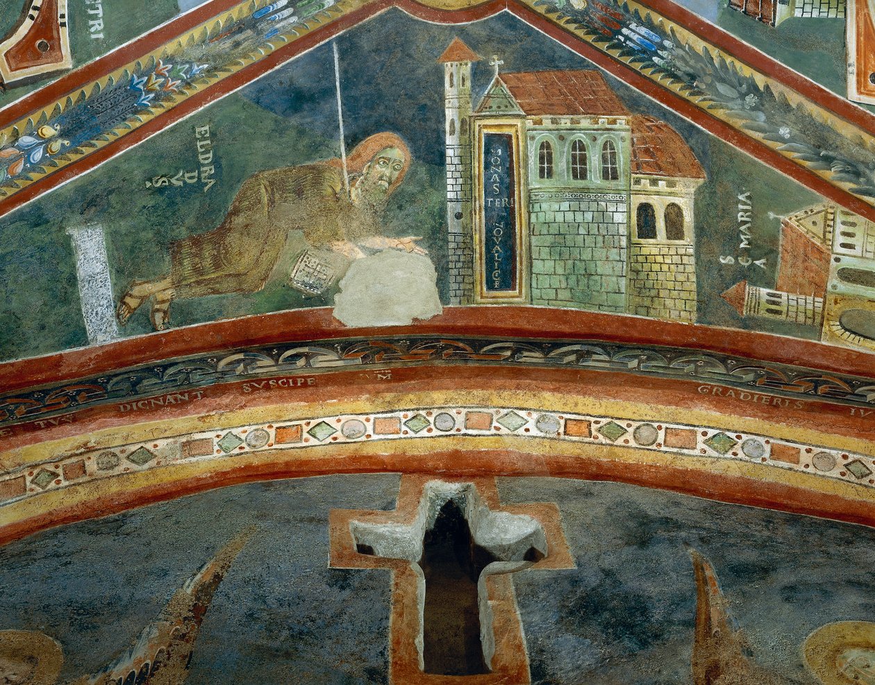 Saint Eldrad vender tilbage fra Santiago de Compostela, detaljer fra historierne om Saint Eldrads liv, romansk fresco, byzantinsk stil, slutningen af det 11. århundrede, Kapel Saint Eldrad og Saint Nicholas, Novalesa Abbey, Piemonte, Italien. af Byzantine