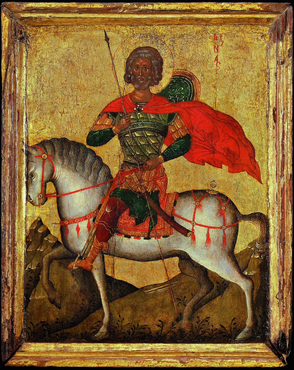 Saint Menas (Minas, Mina, Mena, Mennas, 285-309) til hest - byzantinsk ikon. Tempera på panel, midten af det 15. århundrede. Dimension : 27,3x22 cm Ikonen Museum Recklinghausen af Byzantine