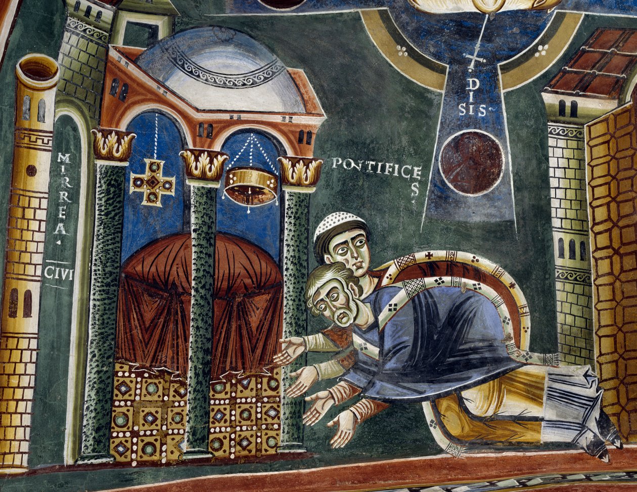 Sankt Nicholas indviet biskop af Myra, detalje fra historierne om Sankt Nikolaus, romansk fresco, byzantinsk stil, slutningen af det 11. århundrede, Kapel Sankt Eldrad og Sankt Nikolas, Novalesa Abbey, Piemonte, Italien. af Byzantine