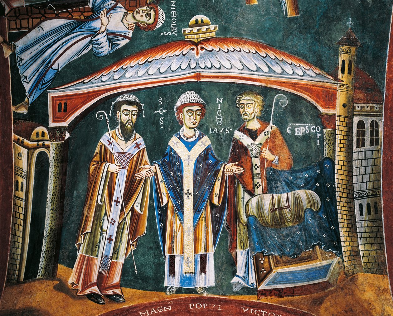 Saint Nicholas indviet biskop af Myra, detalje fra historierne om Saint Nicholas, romansk fresco, byzantinsk stil, sent i det 11. århundrede, kapel Saint Eldrad og Saint Nicholas, Novalesa Abbey, Piemonte, Italien. af Byzantine