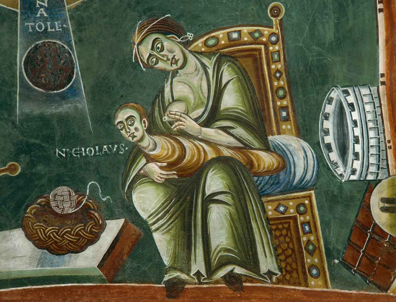 Saint Nicholas, der nægter sin mors mælk, fra historier om Saint Nicholas liv, detaljer om romanske freskomalerier i byzantinsk stil, slutningen af det 11. århundrede, kapel af Saint Eldrad og Saint Nicholas, Novalesa Abbey, Piedmont, Italien. af Byzantine