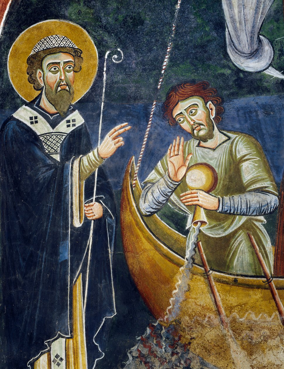 Saint Nicholas redder pilgrimme fra skibbrud, Detalje fra historierne om Saint Nicholas, romansk fresco, byzantinsk stil, slutningen af det 11. århundrede, Chapel of Saint Eldrad og Saint Nicholas, Novalesa Abbey, Piemonte, Italien. af Byzantine