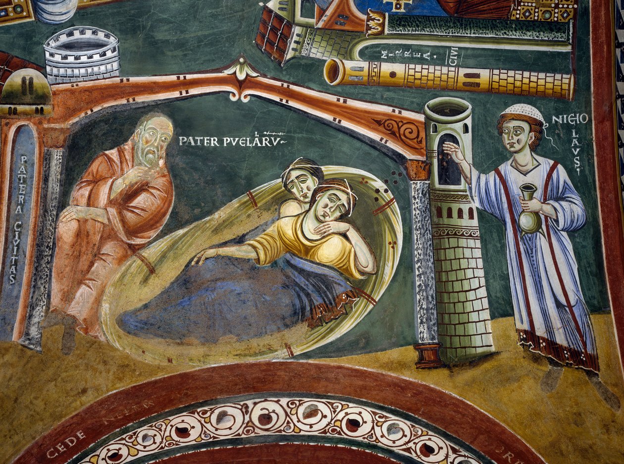 Sankt Nikolas redder en rig købmand, der er faldet i fattigdom og betaler sine døtres medgift, Detalje fra historier om Sankt Nikolas, romansk freskomaleri, byzantinsk stil, slutningen af det 11. århundrede, Kapel Sankt Eldrad og Sankt Nikolas, Novalesa Ab af Byzantine