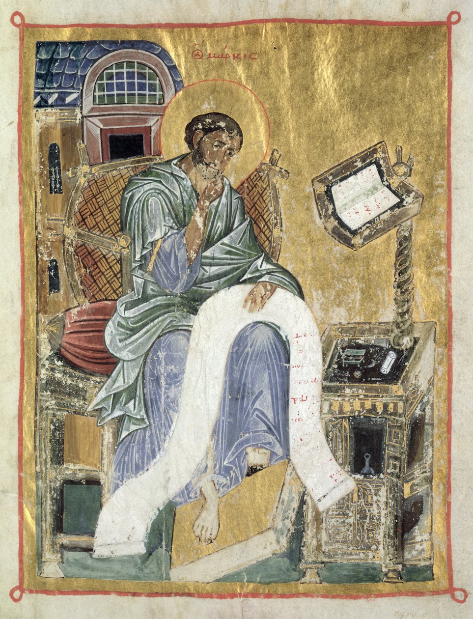 Markus skriver sit evangelium (blad fra et psalter) (pergament) af Byzantine