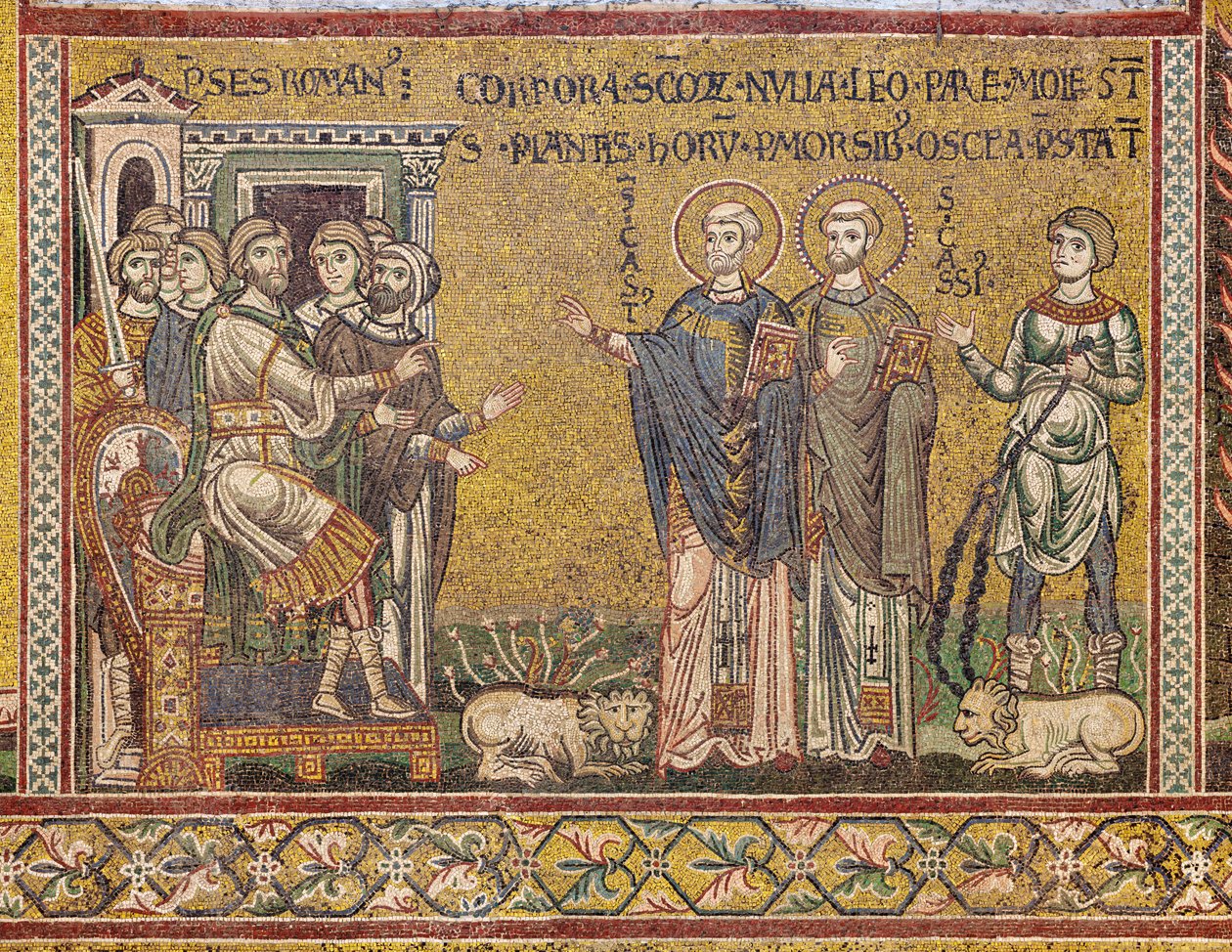 St. Cassius og St. Casto før kejseren, byzantinsk mosaik, XII-XIII århundrede, på modfacaden (mosaik) af Byzantine