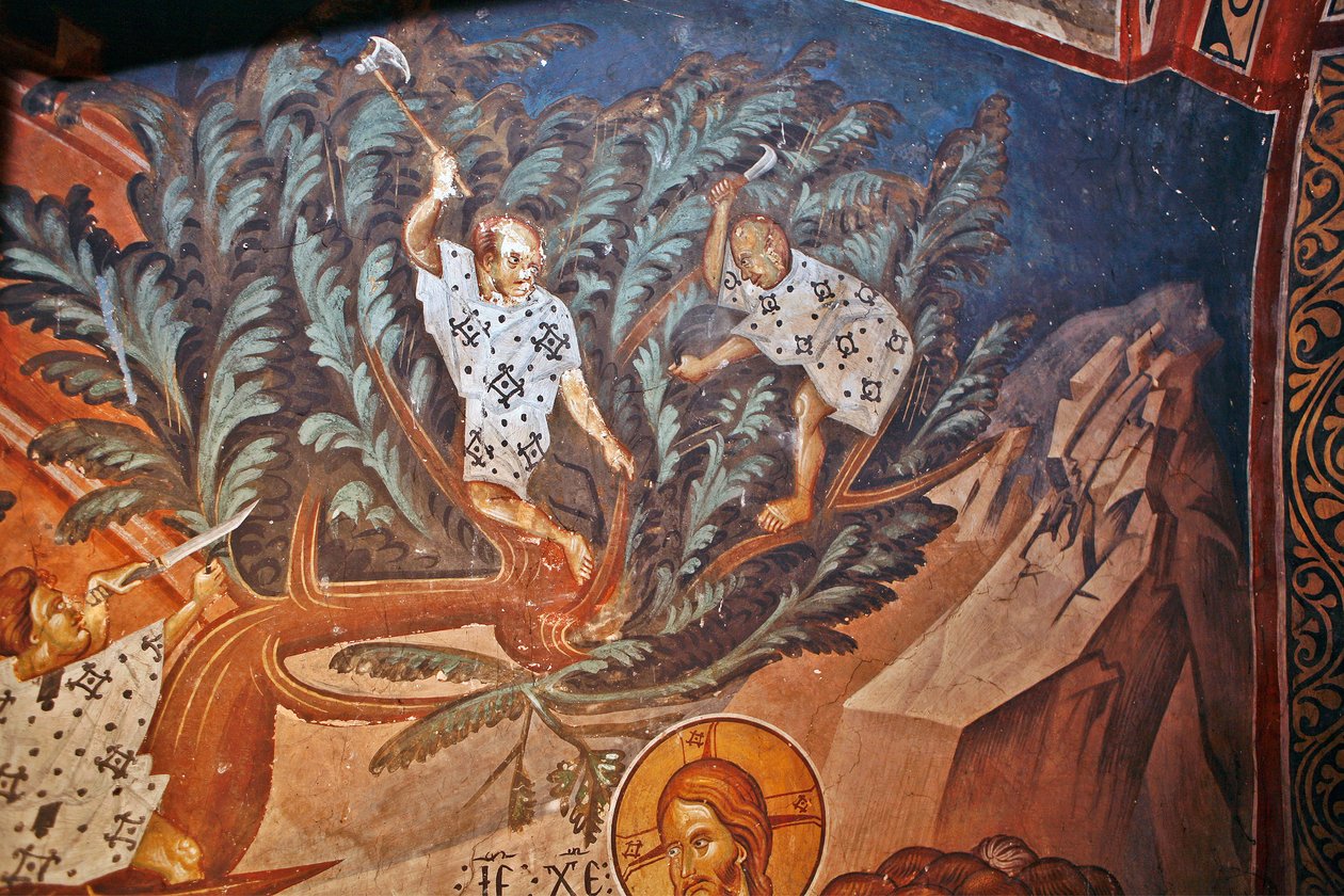 Kristi indtog i Jerusalem. Detalje: Børn skærer palmegrene - Peinture de Damiane (aktivt 14. århundrede) - 14. århundrede - Fresco - Saint George