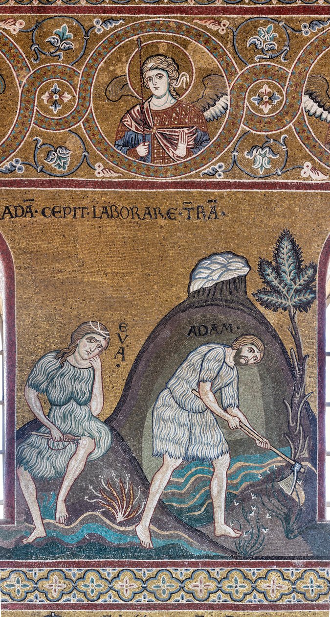 Adam og Evas arbejde og arbejde, byzantinsk mosaik, Gamle Testamentes cyklus-jordisk paradis, XII-XIII århundrede (mosaik) af Byzantine