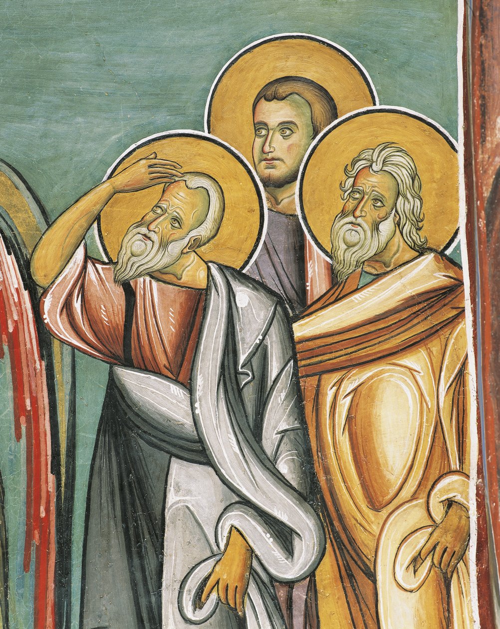 Tre mennesker i en kirke, Panagia tou Araka, byzantinsk, Troodos-bjergene, Cypern af Byzantine