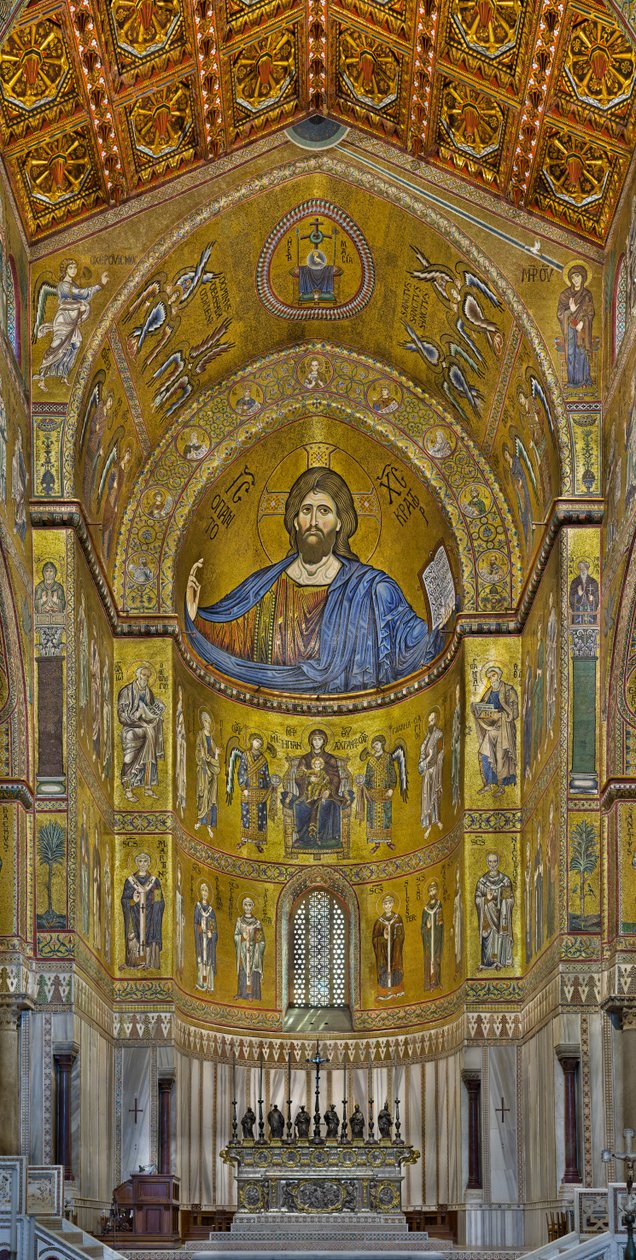 Udsigt over apsis med de byzantinske mosaikker udført mellem det tolvte og midten af det trettende århundrede af dels lokale og dels venetianske arbejdere, herunder den berømte Kristus Pantocrator (mosaik) af Byzantine