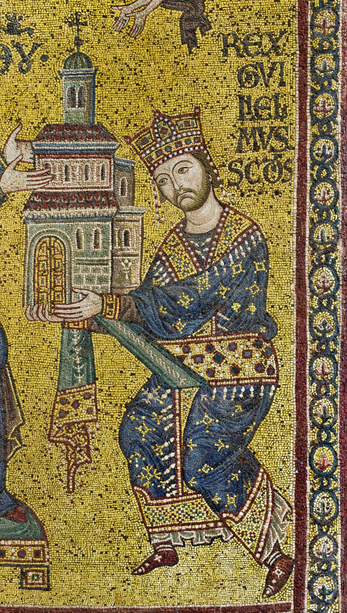 tværskib: den byzantinske mosaik, der viser kong Vilhelm II, der tilbyder katedralen til Jomfru Maria, detalje (mosaik) af Byzantine